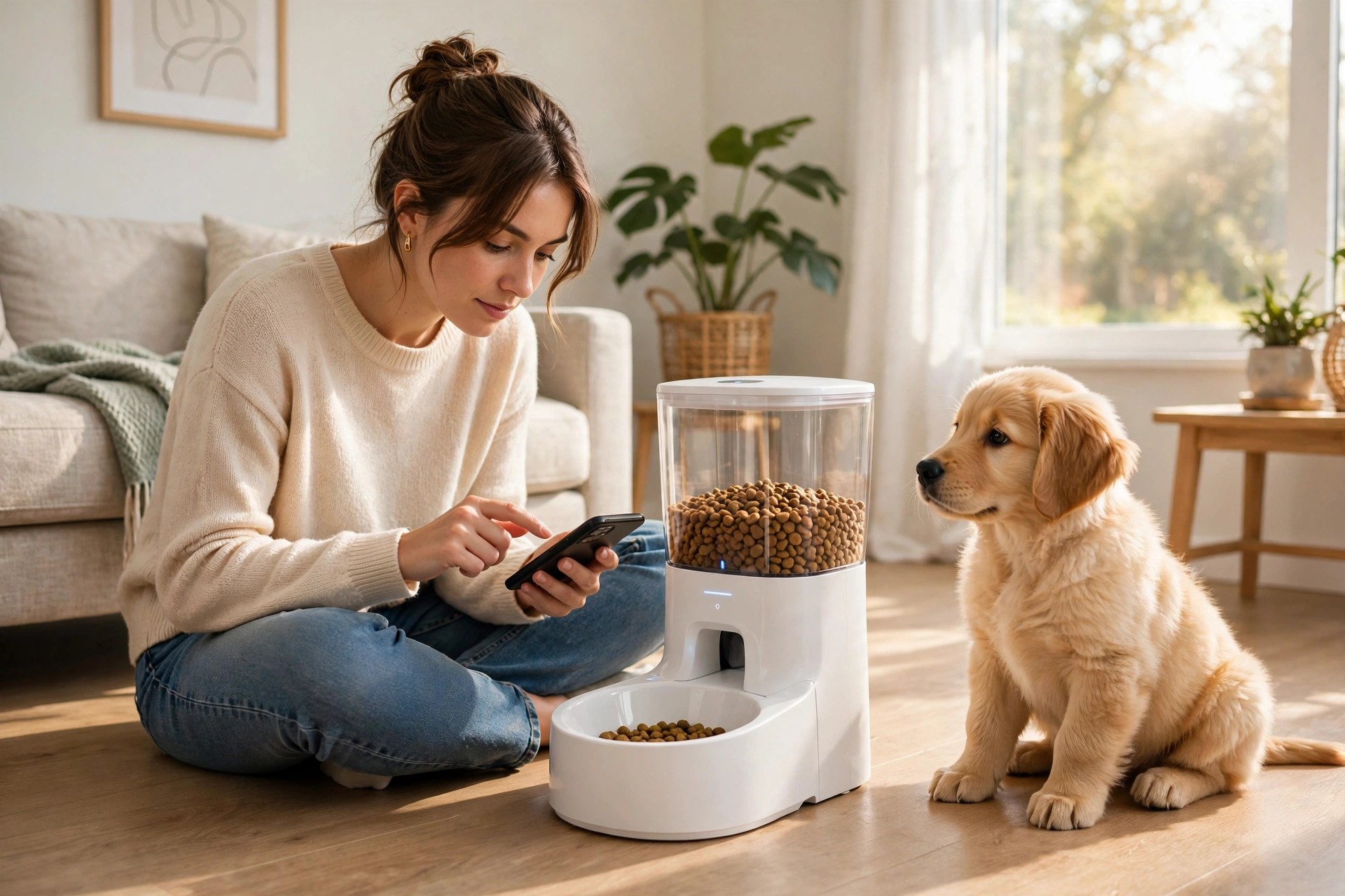Pet owner adjusting a WiFi automatic pet feeder schedule on a smartphone while a dog watches