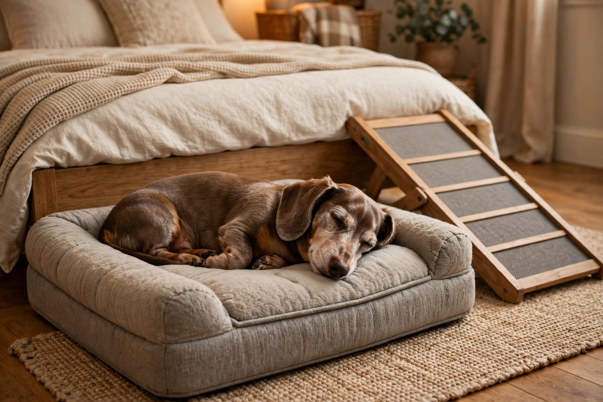 Senior dachshund sleeping on an orthopedic memory foam dog bed beside a pet ramp