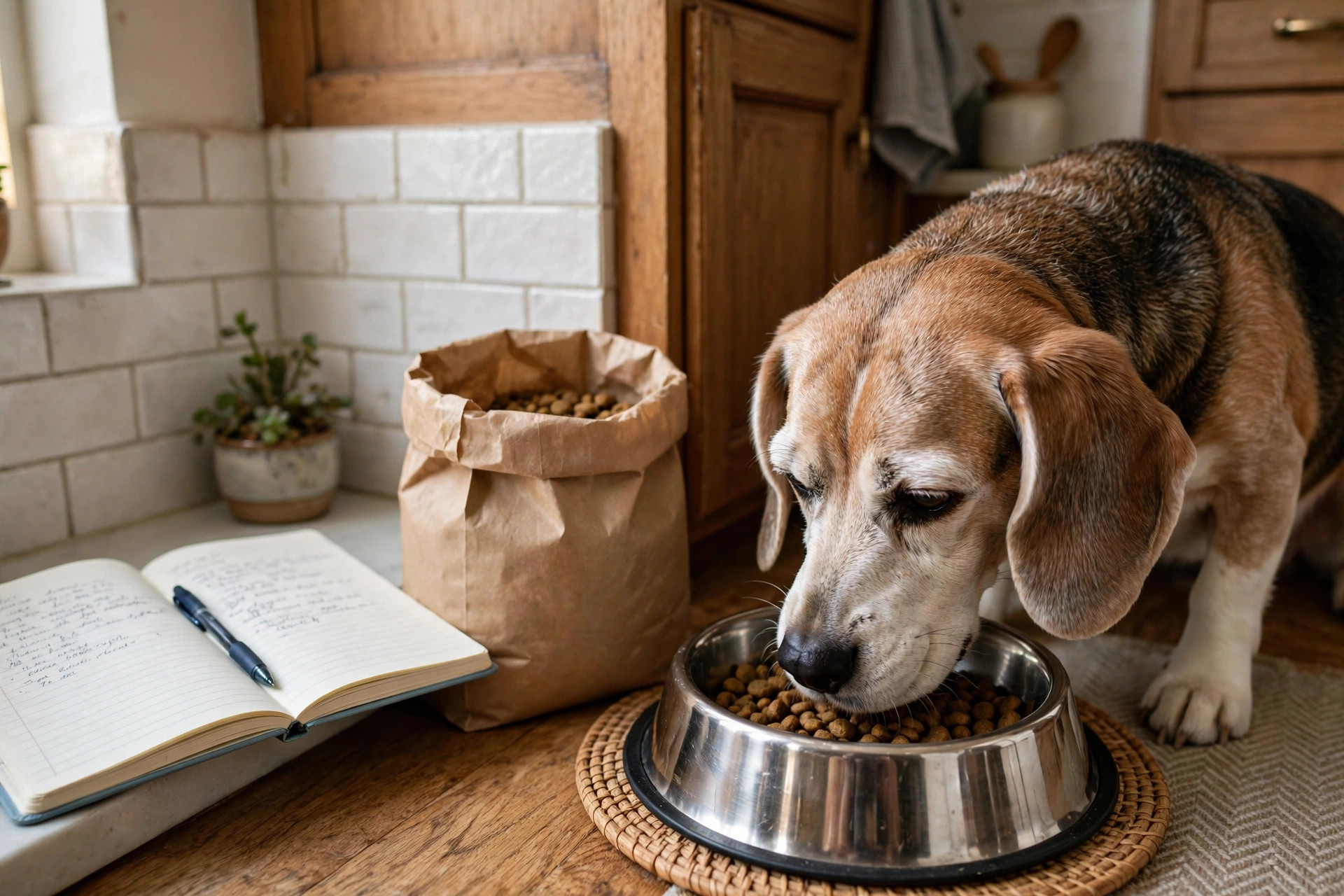 Senior beagle eating from a stainless steel food bowl next to a bag of dog food and a budget notebook