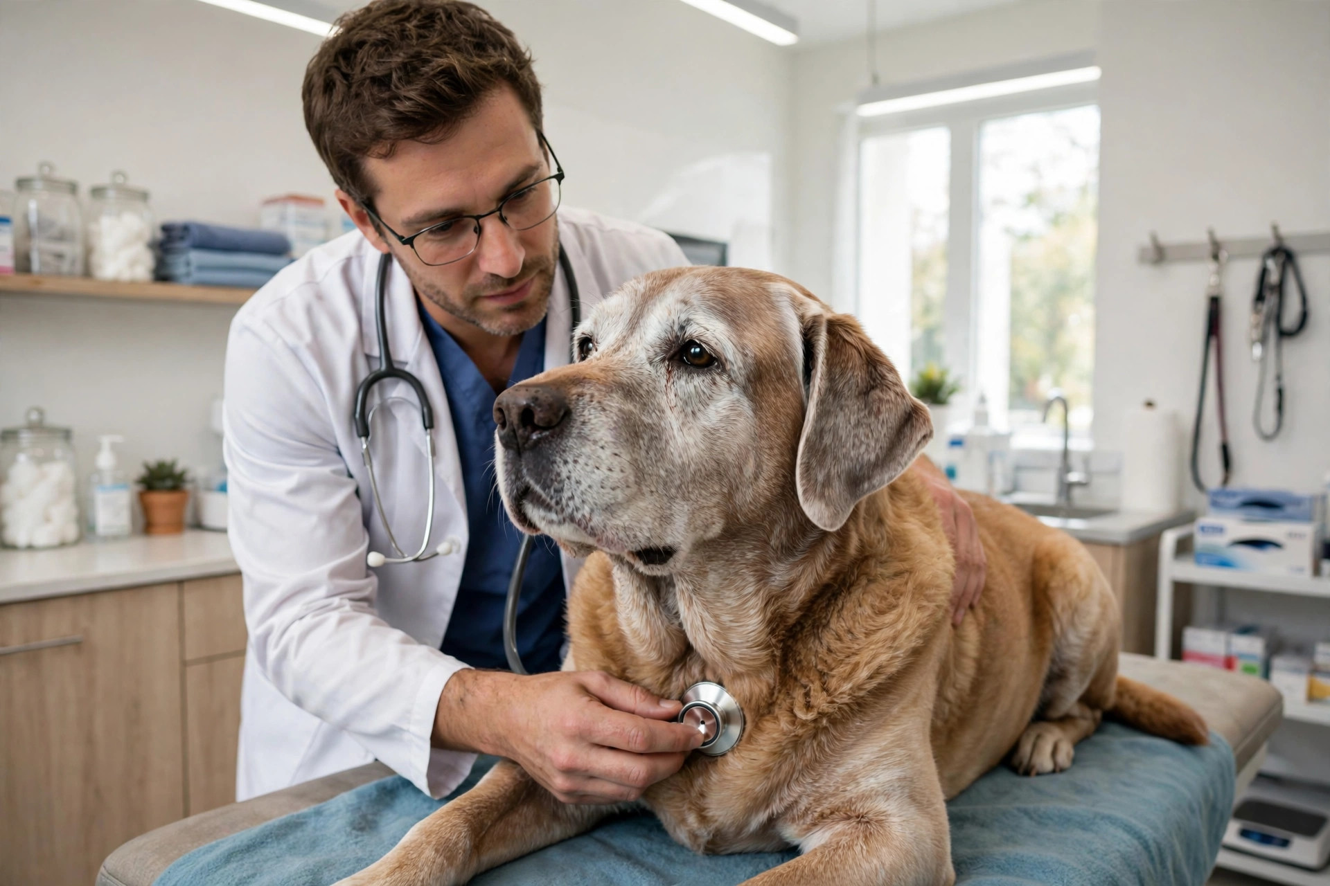 Gray-muzzled senior Labrador being examined by a veterinarian in a bright modern vet clinic