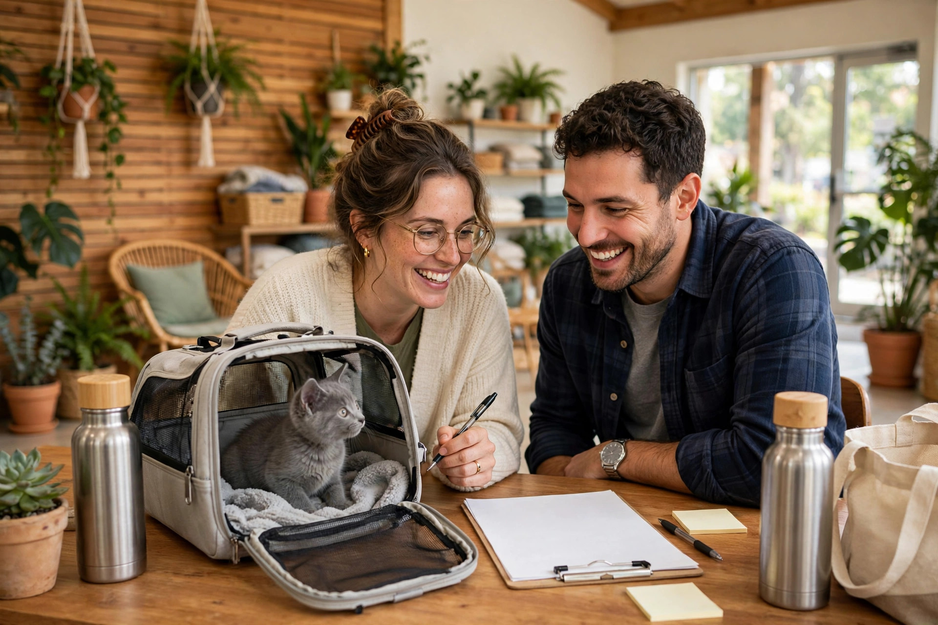 Happy couple completing cat adoption paperwork with a grey kitten in a carrier at the shelter