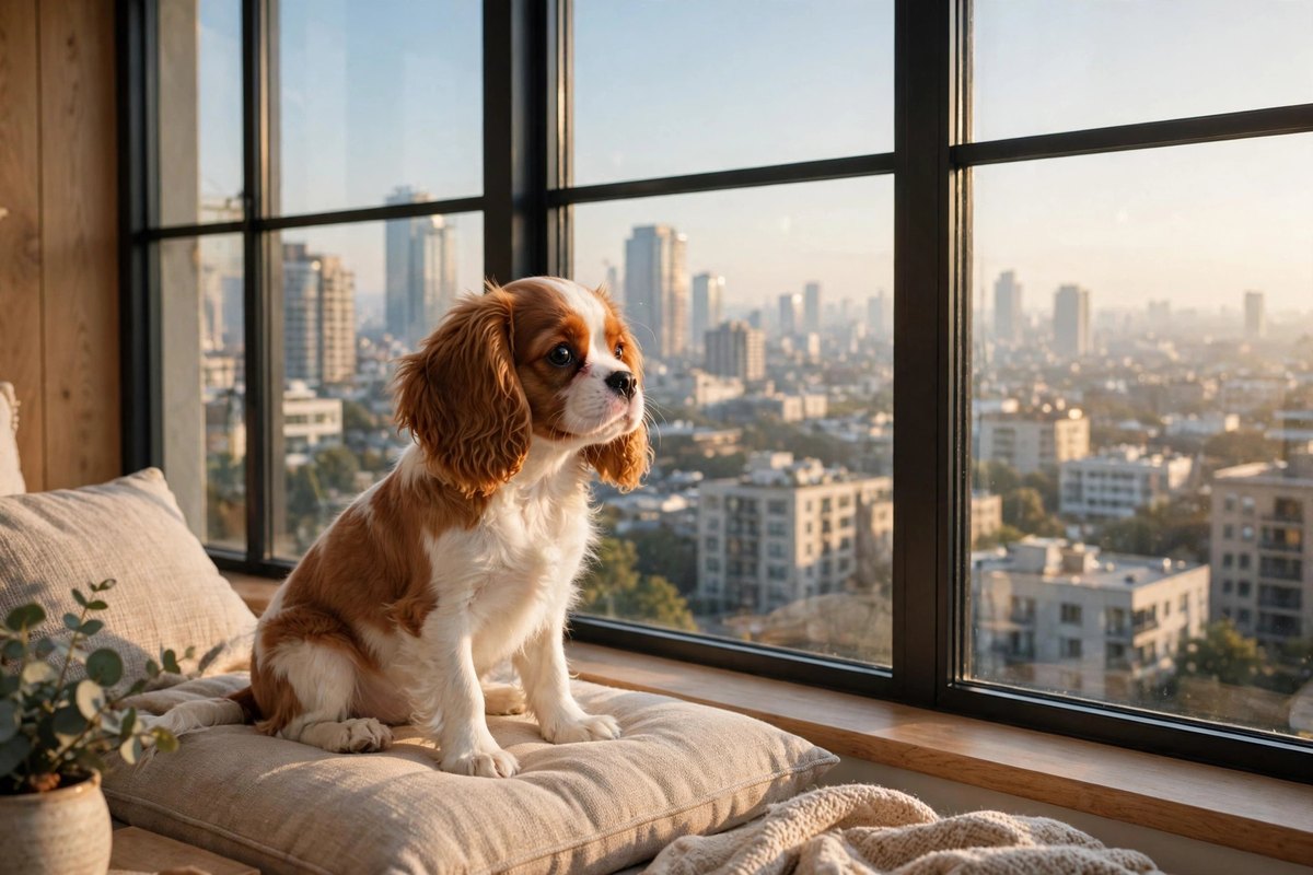 Cavalier King Charles Spaniel puppy looking out of an apartment window