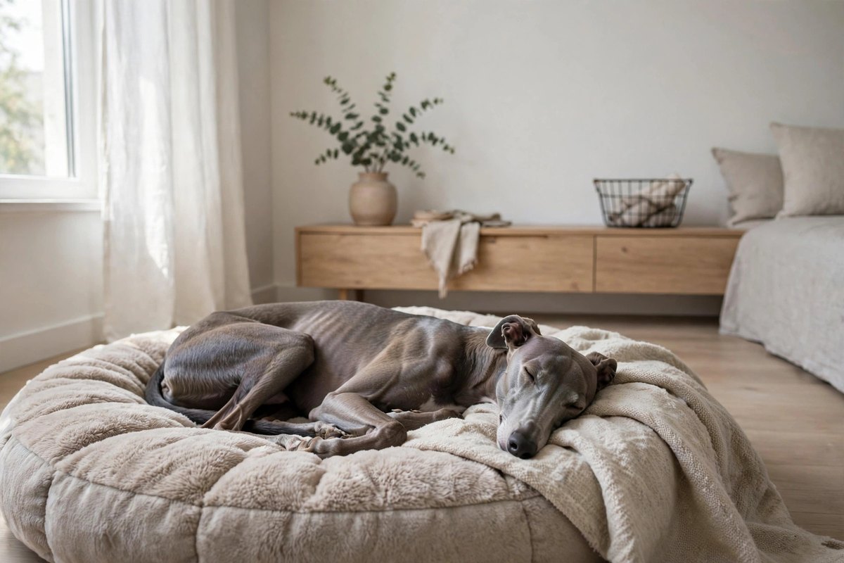 Greyhound sleeping on a dog bed in a small modern apartment