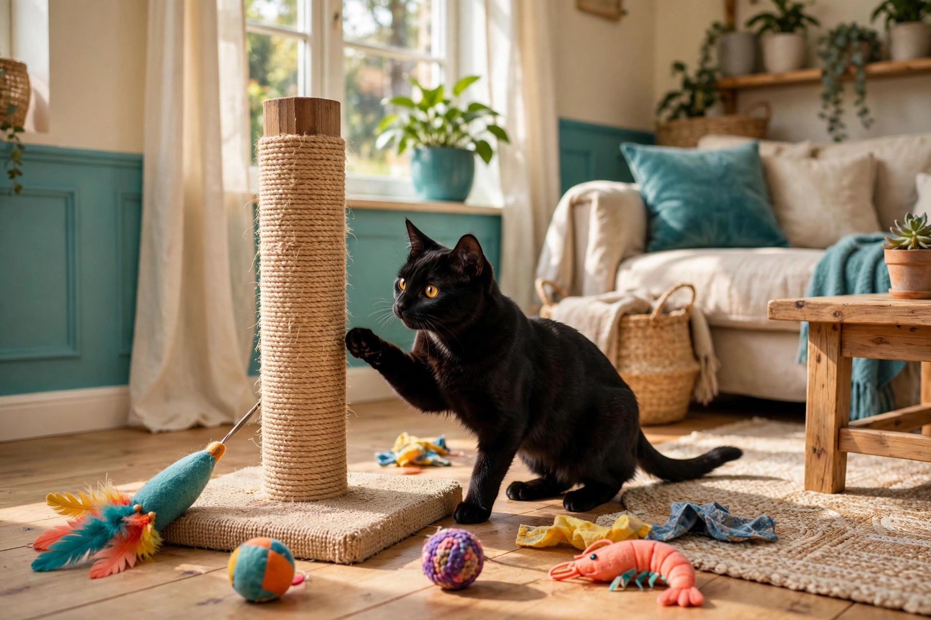 Newly adopted black cat playing with colorful toys in a sunny living room