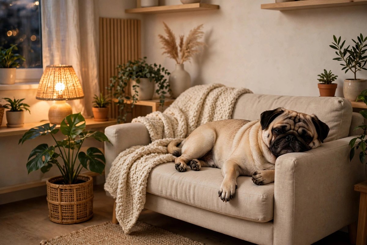 Pug relaxing on a small sofa in a compact apartment
