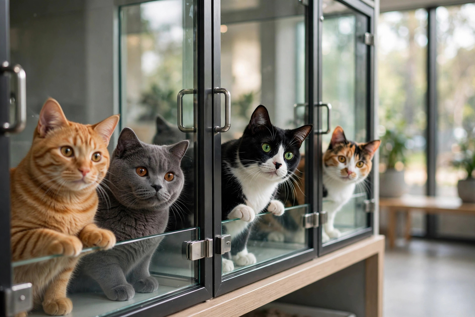Cats waiting for adoption in bright glass kennels at a modern animal shelter