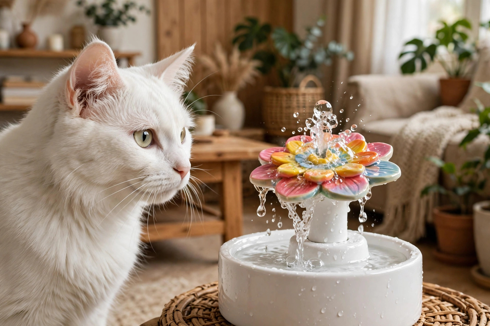 White cat water fountain with a colorful flower top bubbling with water, watched by a curious white cat