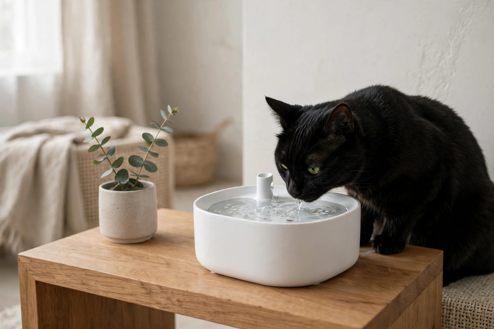 Modern white cordless cat water fountain on a wooden side table with no cables, a black cat drinking peacefully