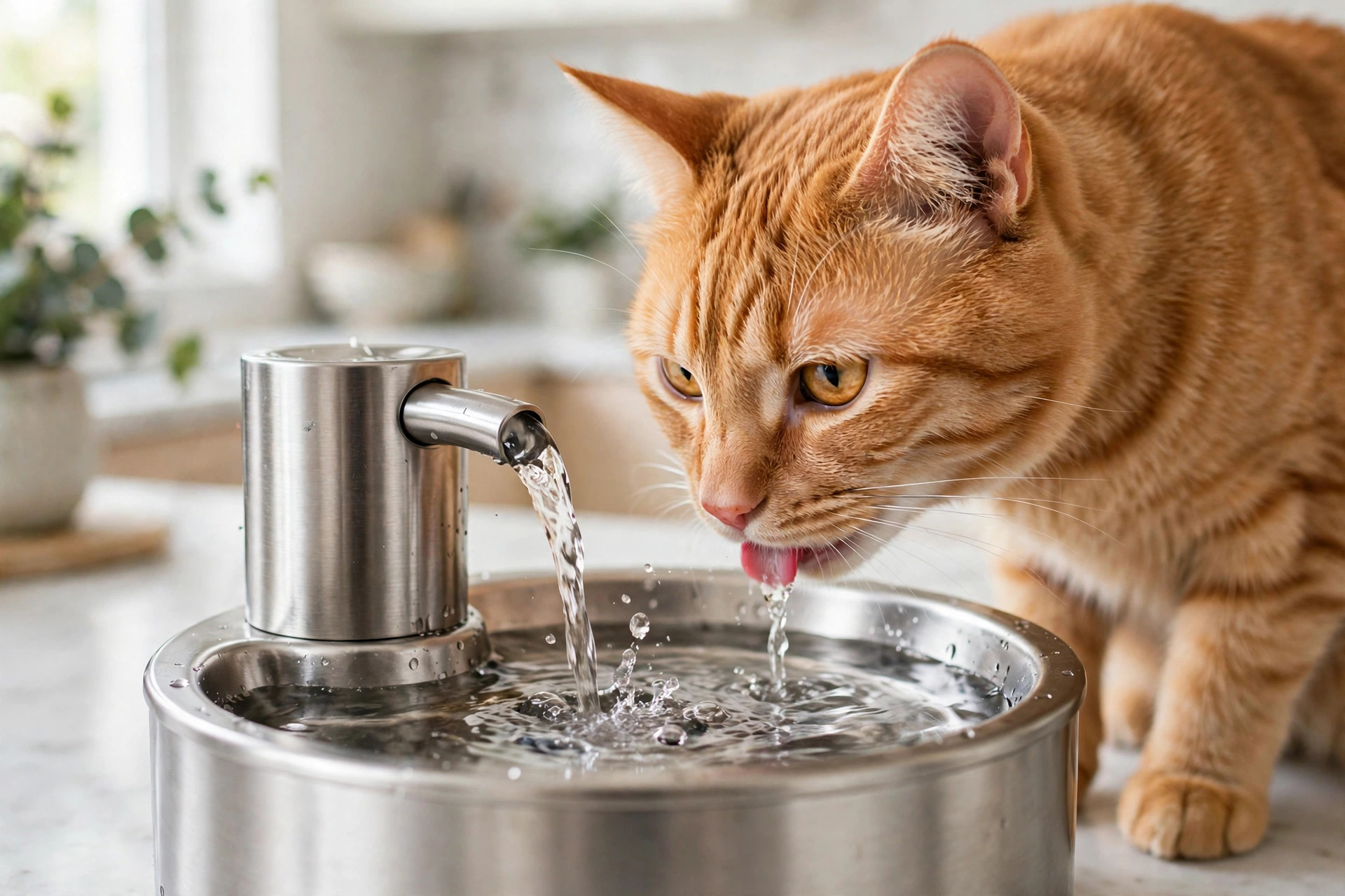 Orange tabby cat drinking from a stainless steel pet water fountain with a gentle water stream