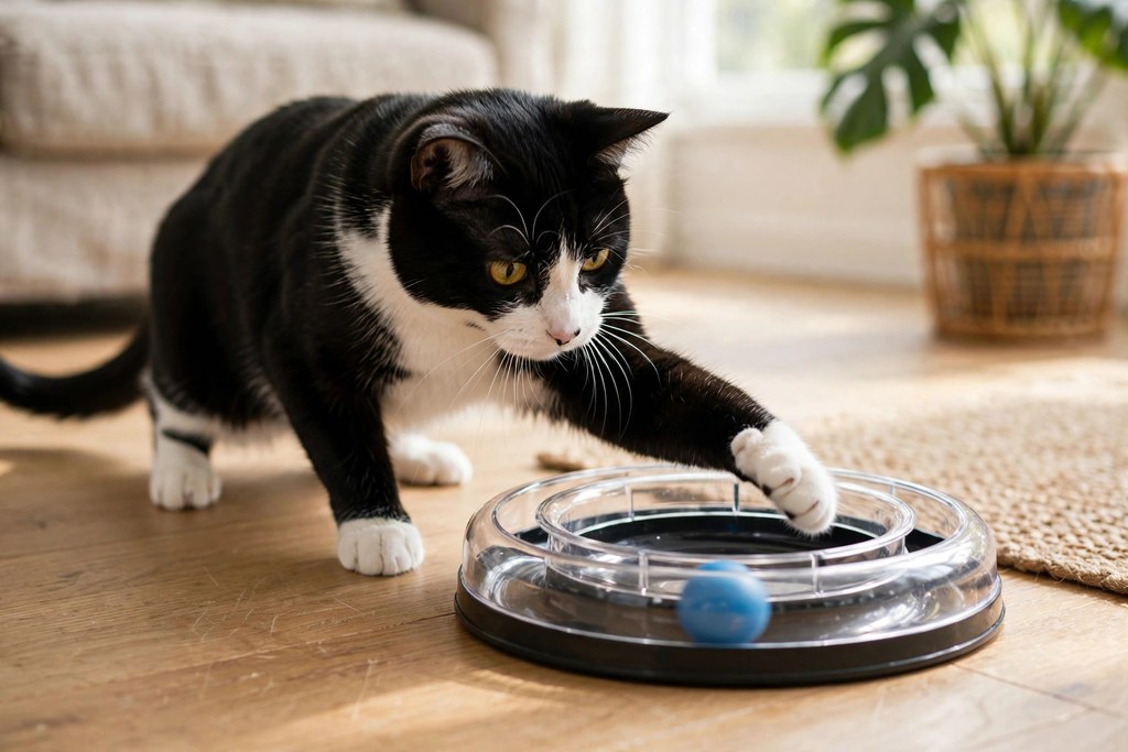 Tuxedo cat batting a ball around a circular enclosed cat ball-track toy on a wooden floor