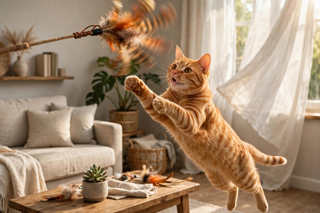 Orange cat leaping to catch a feather wand teaser toy in a sunlit living room