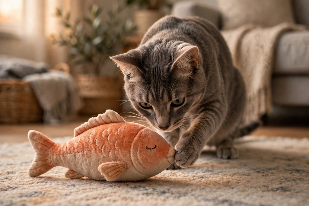 Grey cat pawing at a plush fish-shaped interactive cat toy on a soft rug