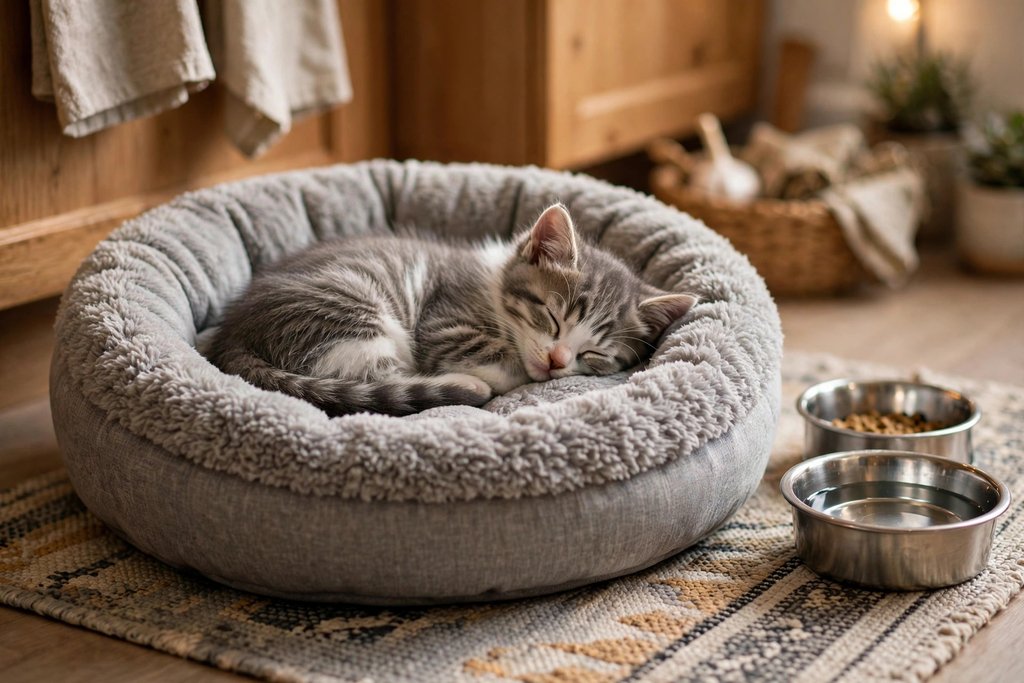 Sleeping kitten in a plush round bed next to stainless steel food and water bowls