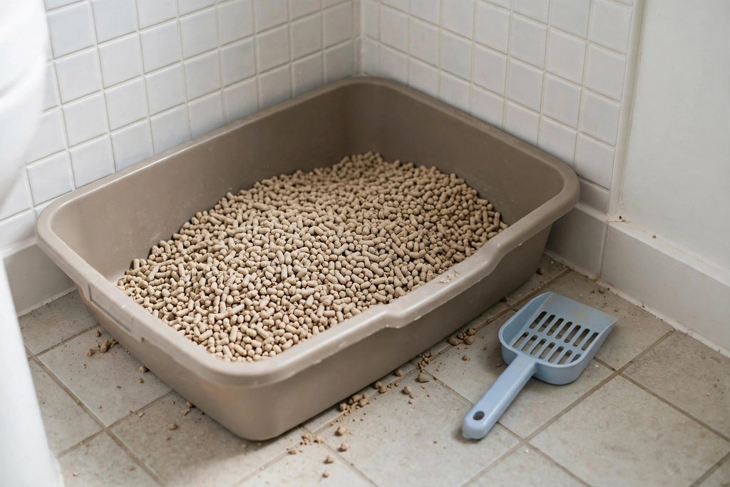 Fresh kitten litter box with natural litter and a scoop on a bathroom floor