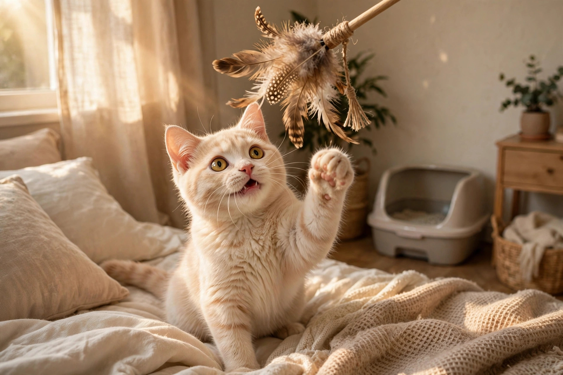Cream-colored kitten playing with a feather toy in a cozy bedroom with a litter box nearby