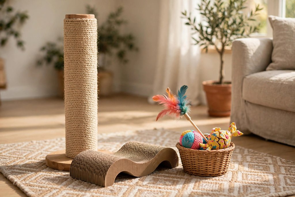 Sisal scratching post and cardboard scratcher with colorful kitten toys on a rug