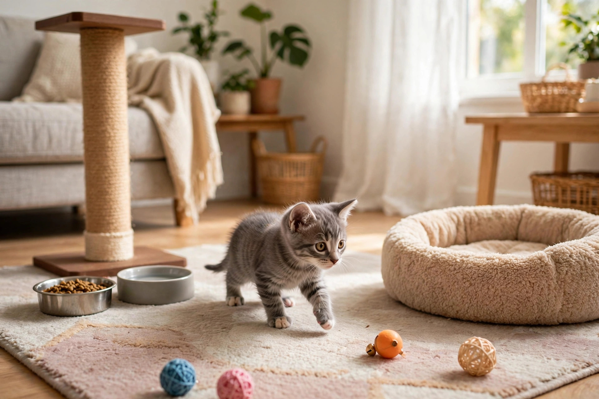 Gray kitten exploring a living room with new cat supplies including a scratching post, food bowls, bed and toys