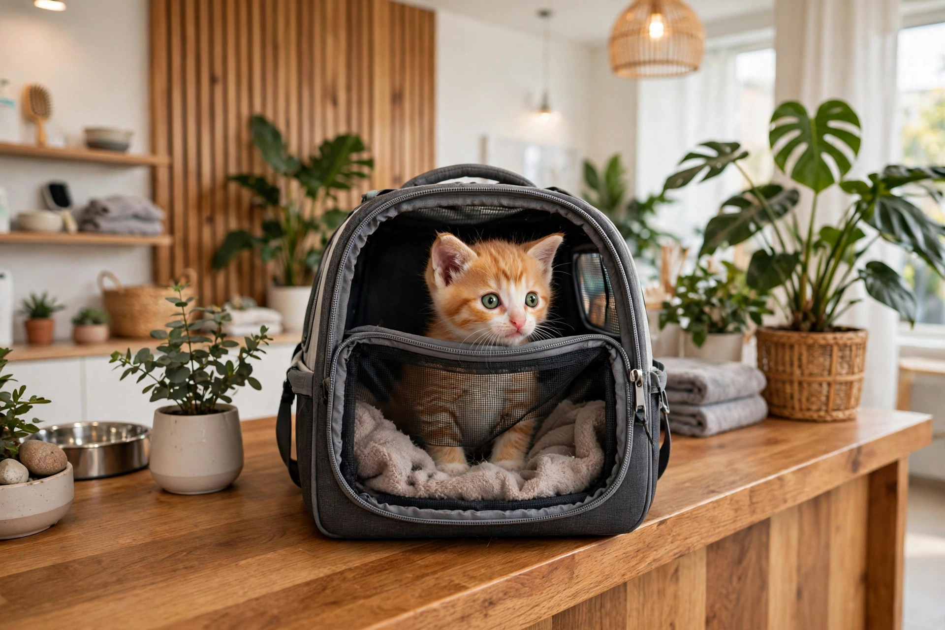 Tiny kitten peeking out of a pet carrier on the reception counter of a bright veterinary clinic
