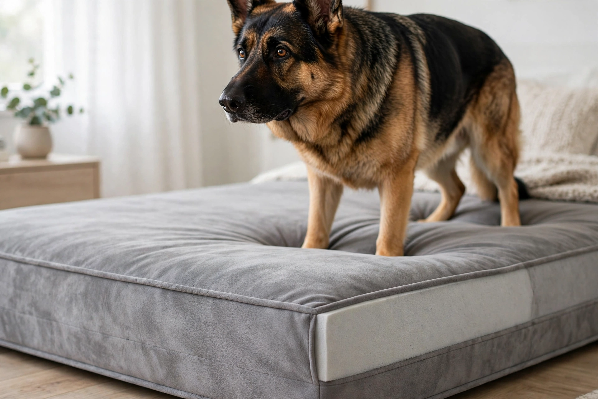 Large dog lying on thick memory foam KOPEKS dog bed showing supportive foam that doesn't compress to the floor