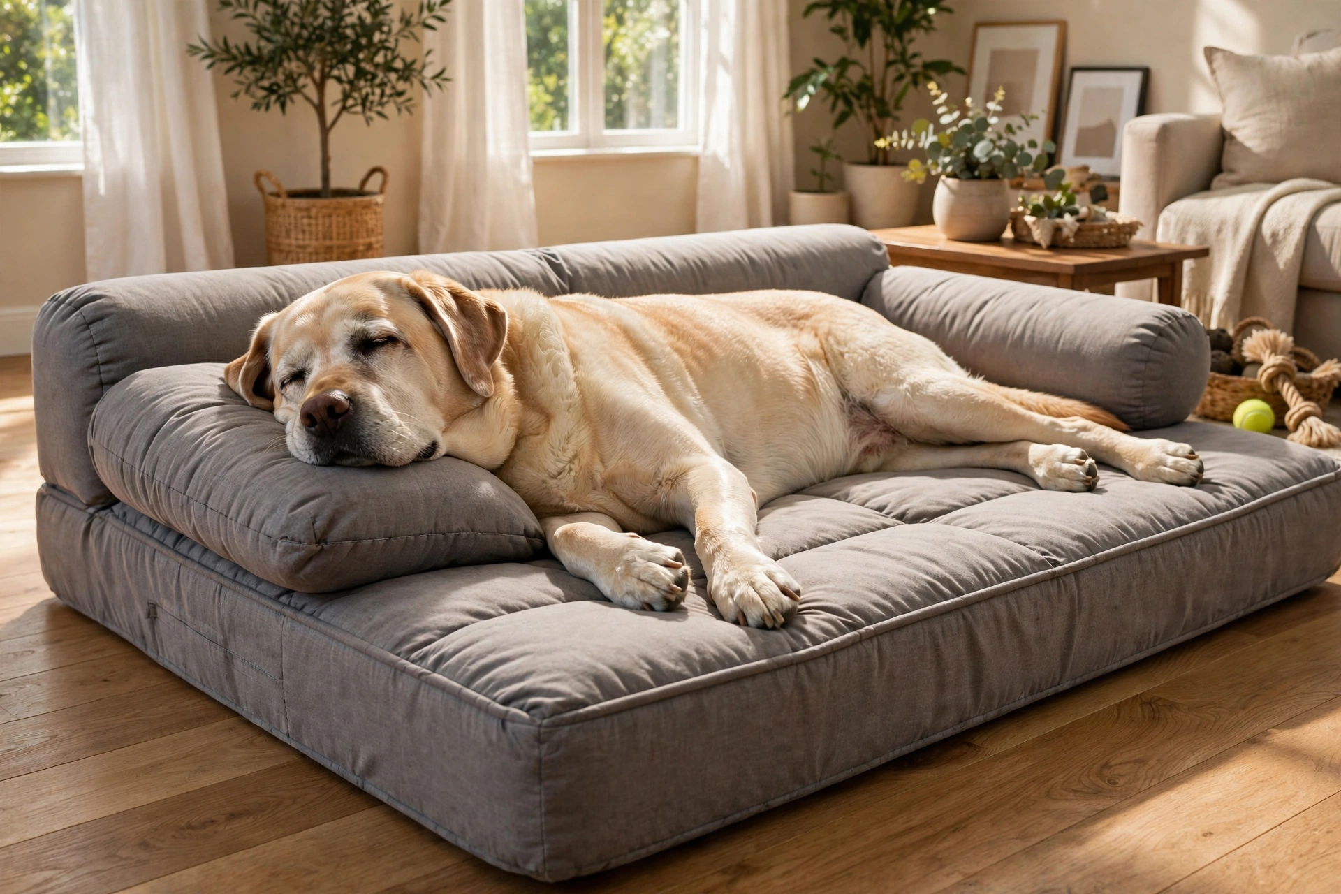 Senior labrador stretched out on extra large KOPEKS orthopedic dog bed with pillow headrest in a sunny living room