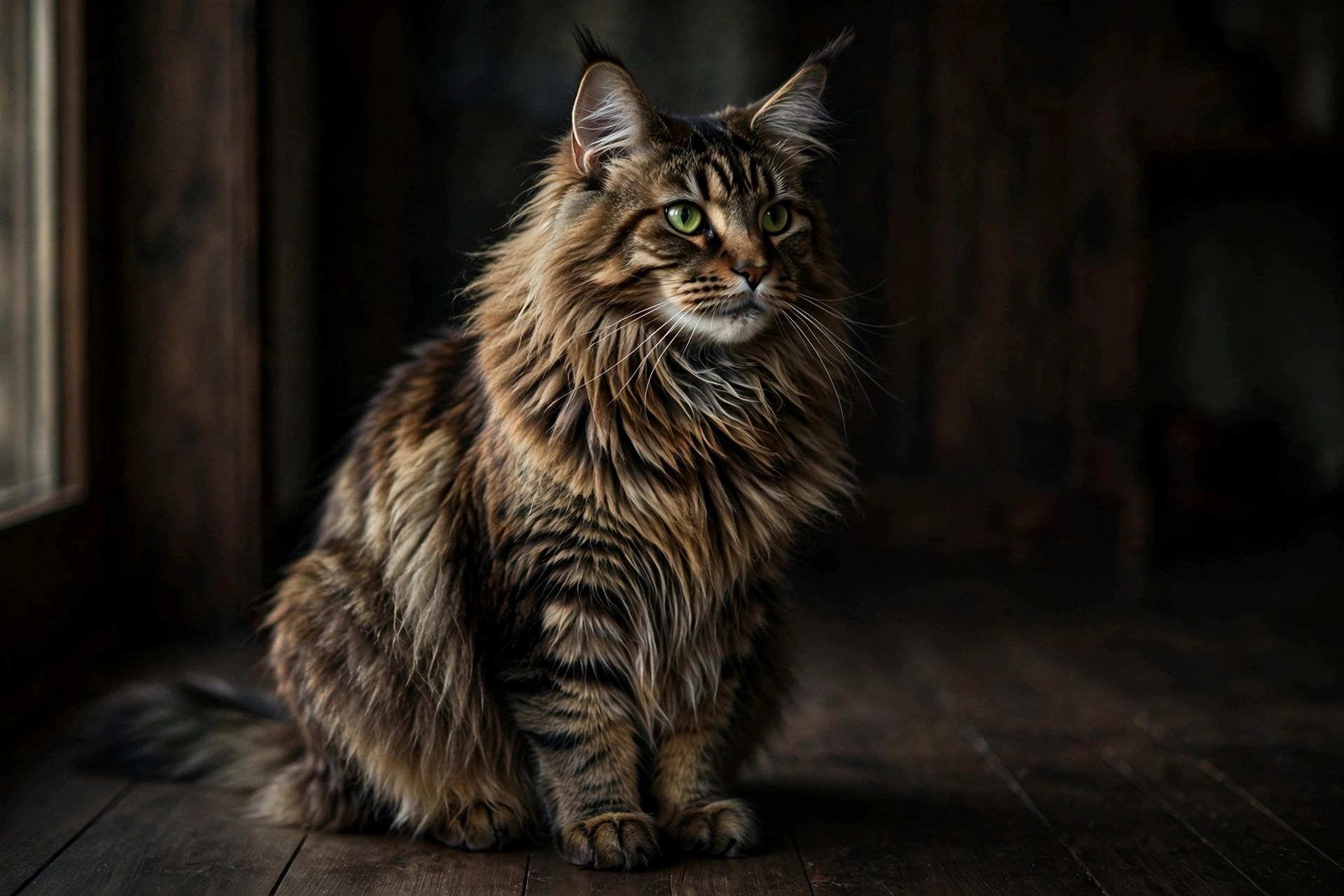 Majestic male Maine Coon cat with green eyes sitting upright