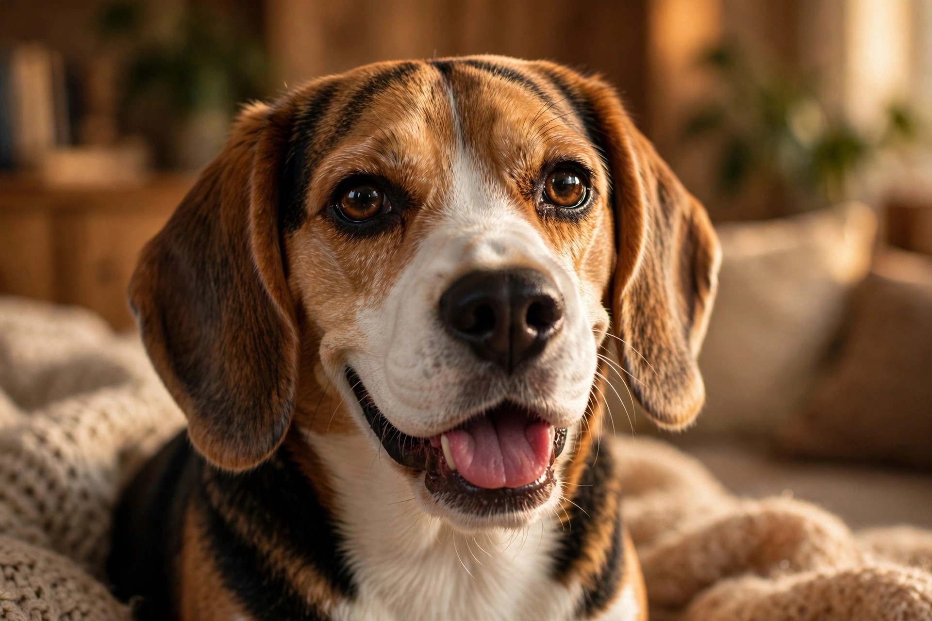 Close-up of a happy beagle dog with soulful eyes