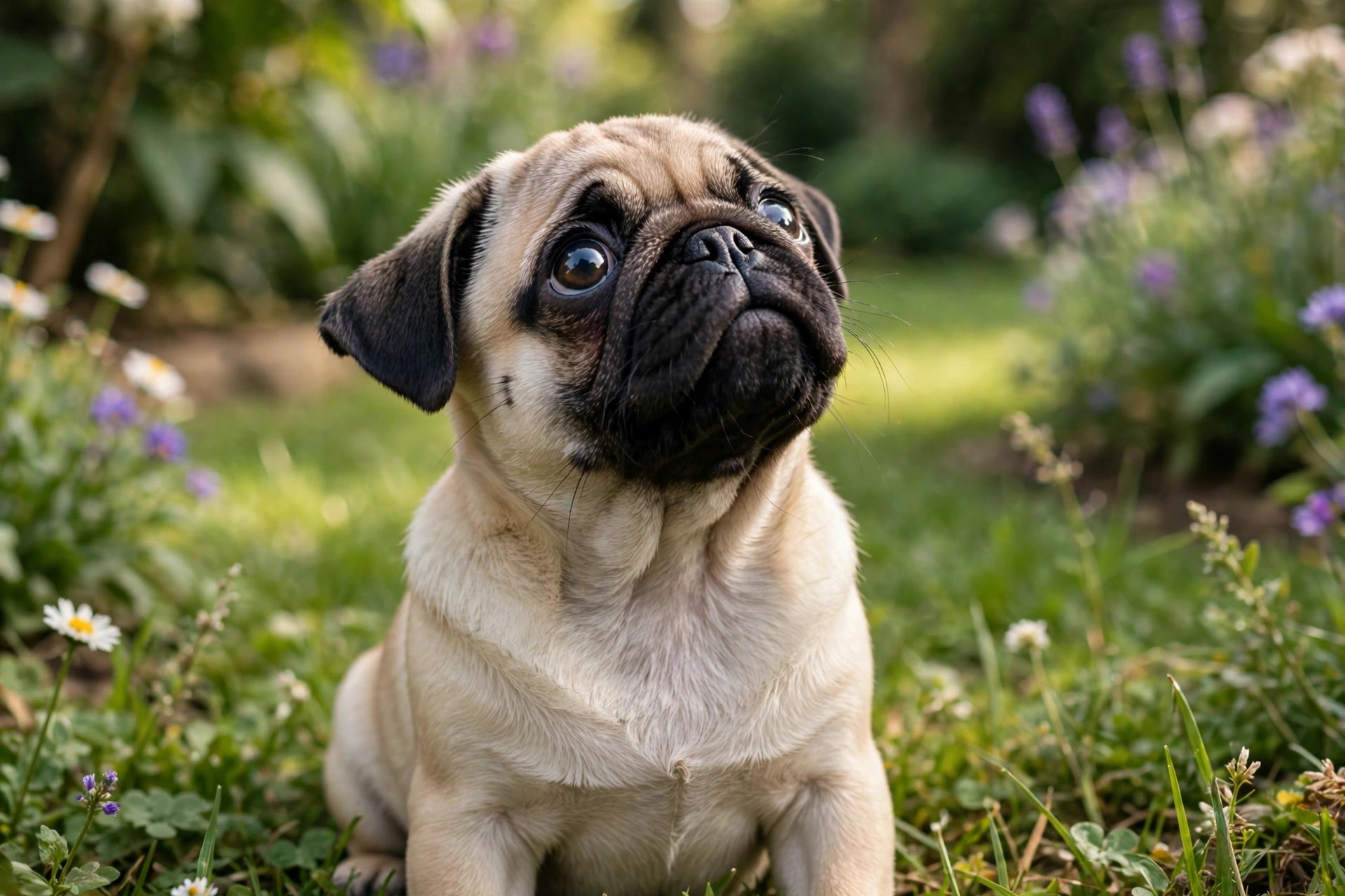 Playful pug puppy sitting on grass looking up with curious eyes
