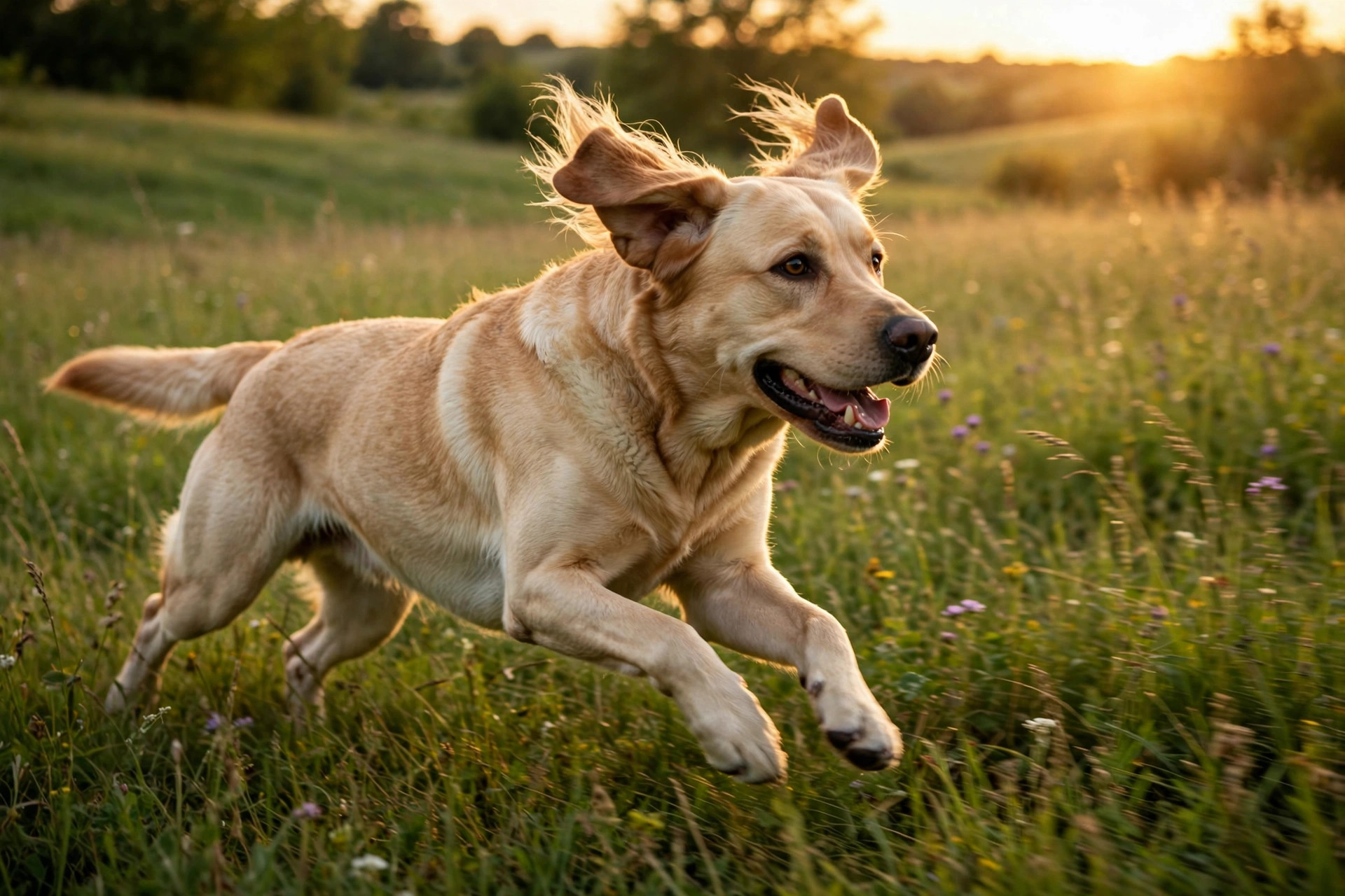 Labrador dog running through a green meadow at golden hour