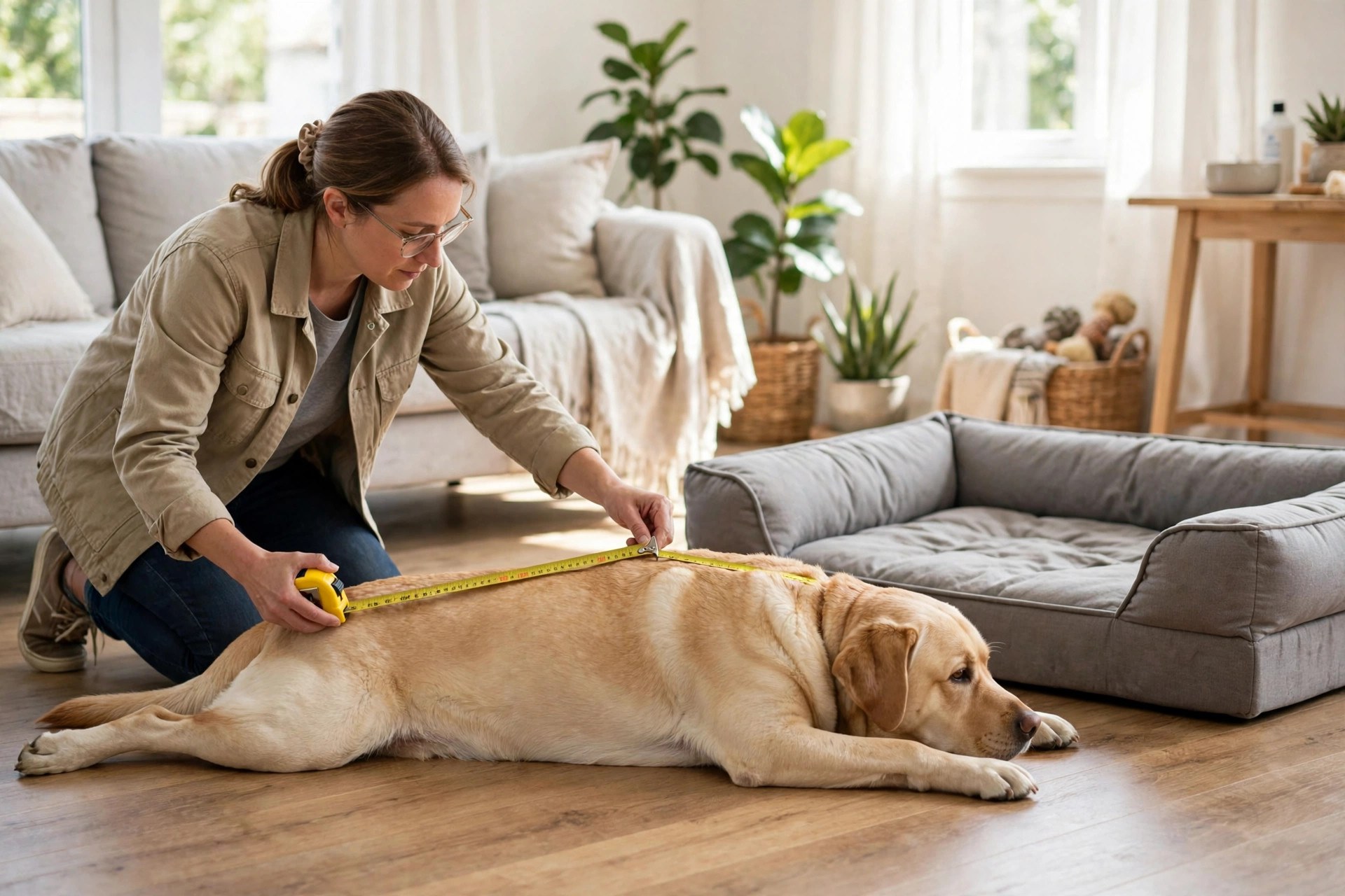 Person measuring a large Labrador stretched out on the floor with a tape measure next to an orthopedic dog bed