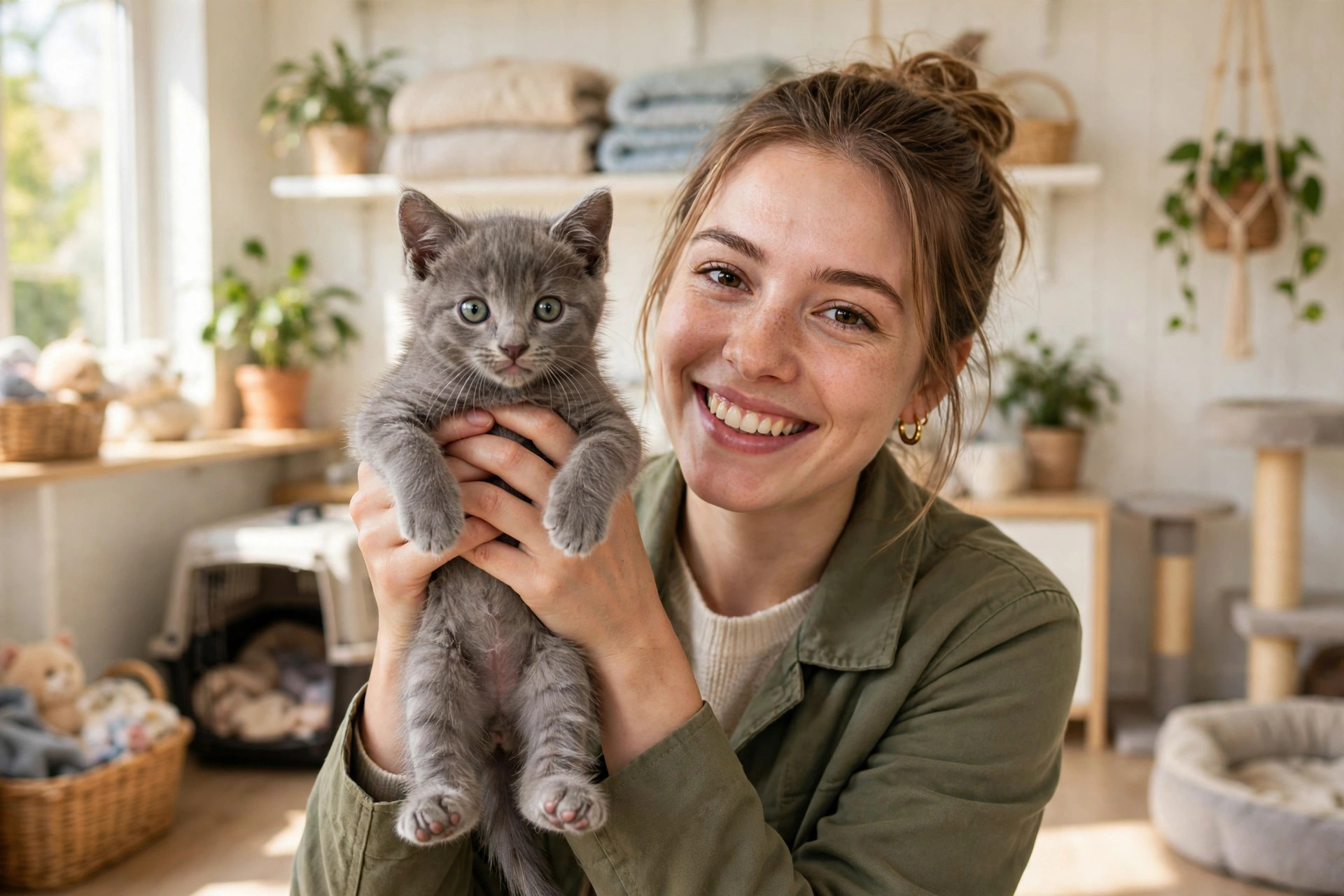 Person gently holding a small gray kitten inside a bright animal shelter adoption room