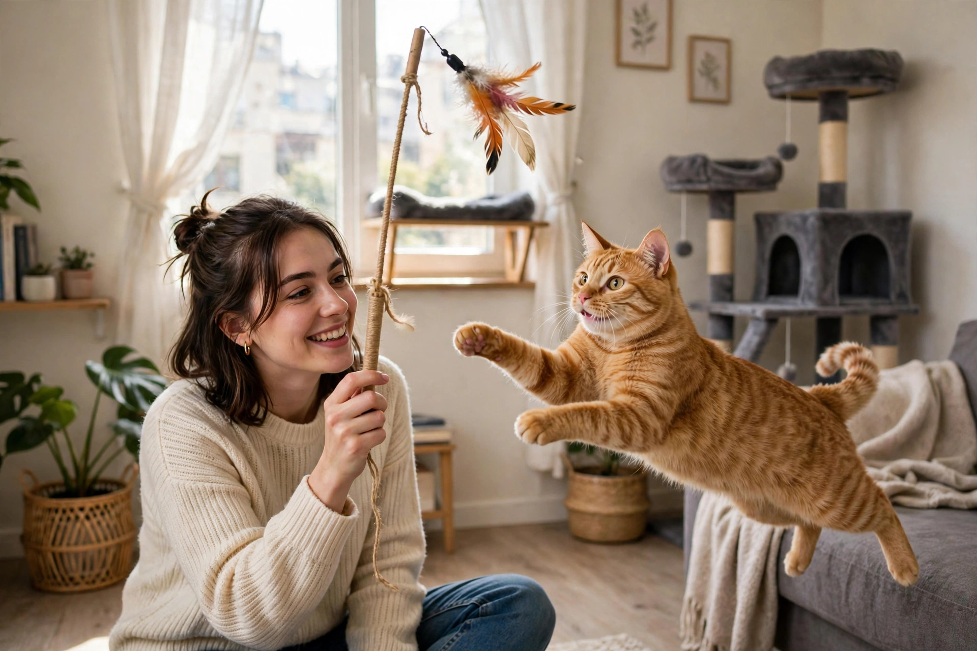 Person playing with a happy orange tabby cat using a feather wand toy in a bright apartment living room