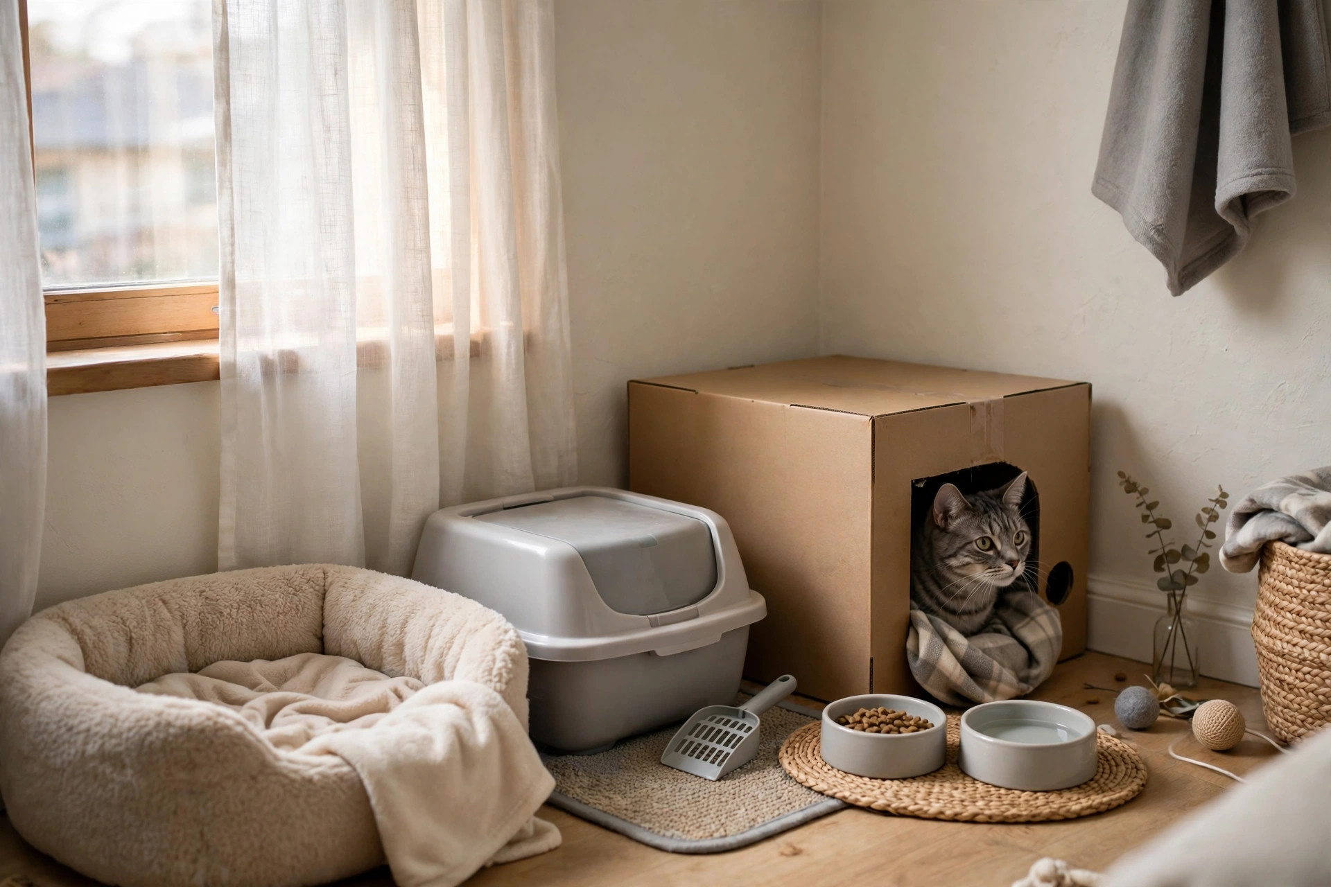 Quiet apartment bedroom corner set up as a cat safe room with bed, litter box, food bowls and a hiding box