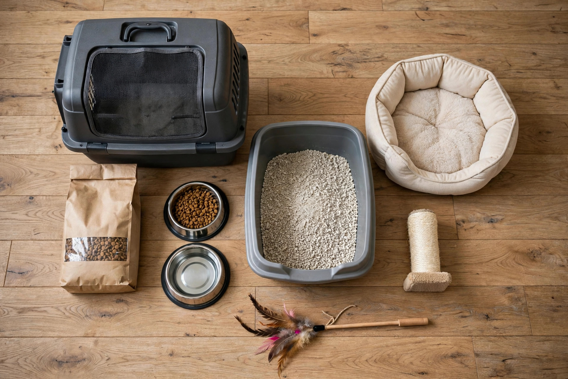 New cat owner supplies laid out for an apartment: carrier, bowls, litter box, scratching post, toys and cat bed