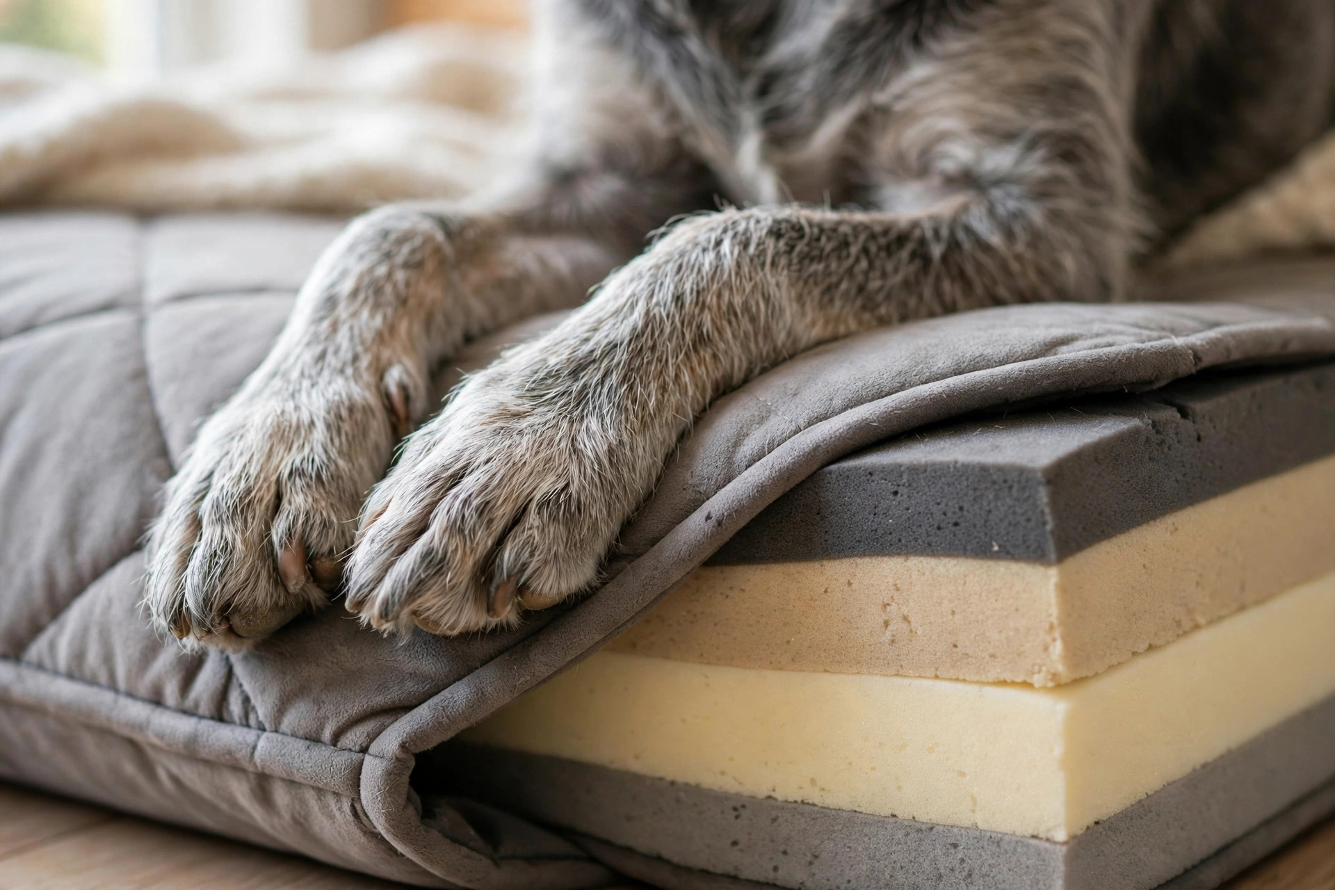 Close-up of a senior dog's paws resting on thick memory foam orthopedic dog bed