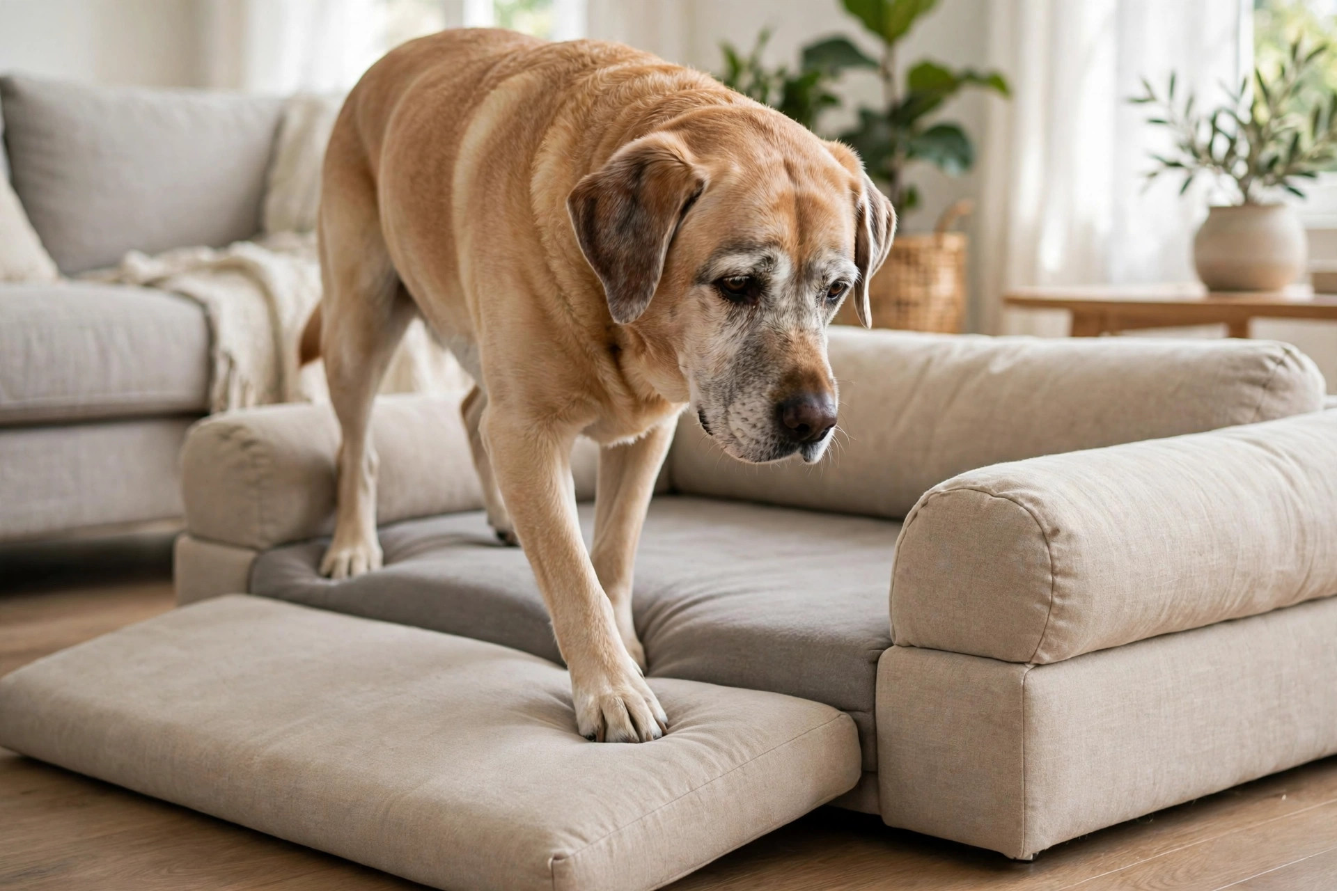 Older Labrador stepping easily onto a low-profile orthopedic dog bed with a lowered front entry