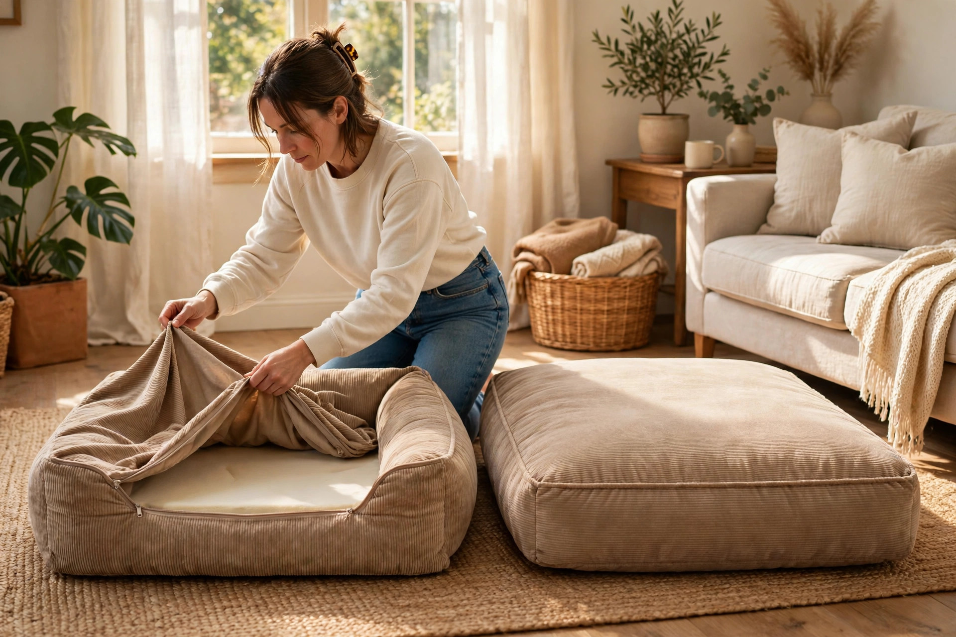 Person removing a washable zippered cover from an orthopedic dog bed
