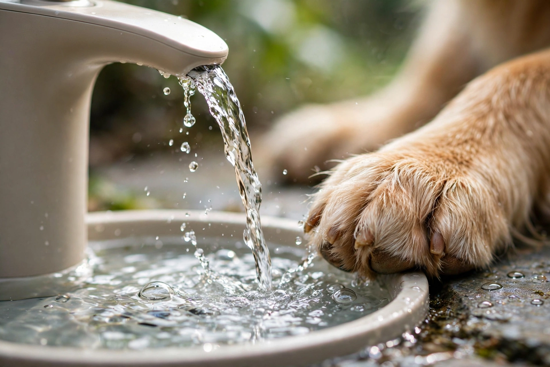 Close-up of fresh water flowing from a pet water fountain spout