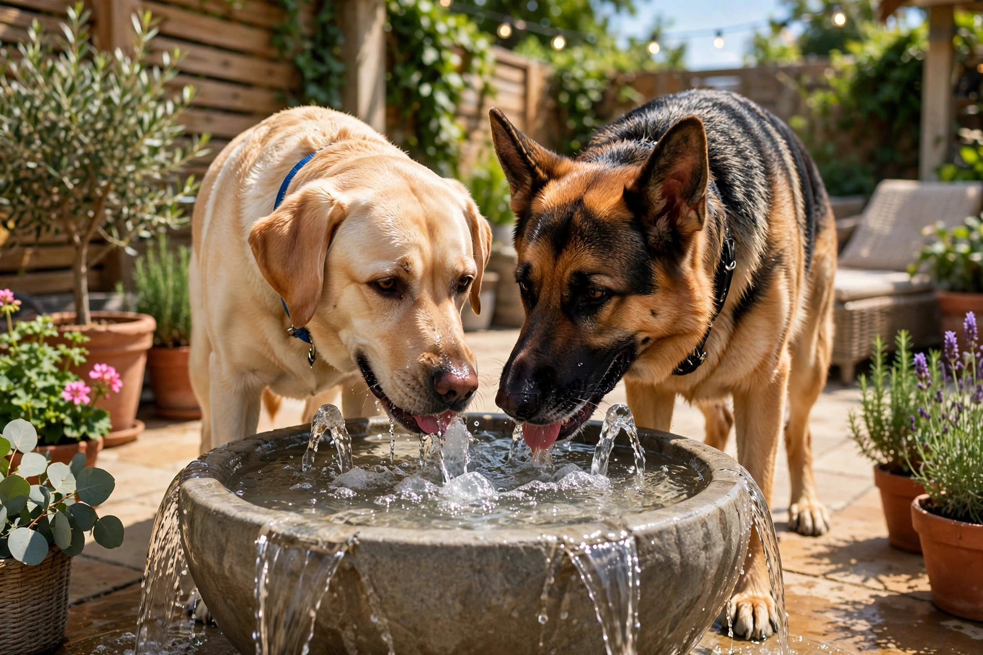 Two large dogs sharing a high-capacity pet water fountain on a patio