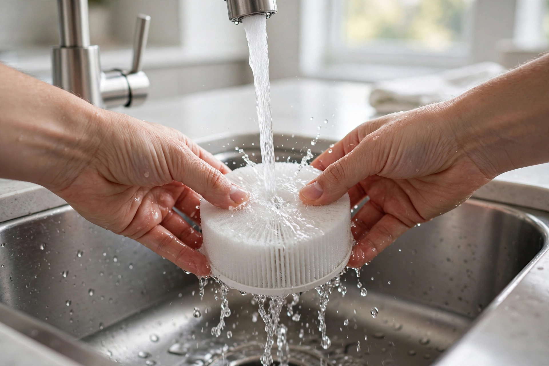 Rinsing a pet fountain filter cartridge under running tap water