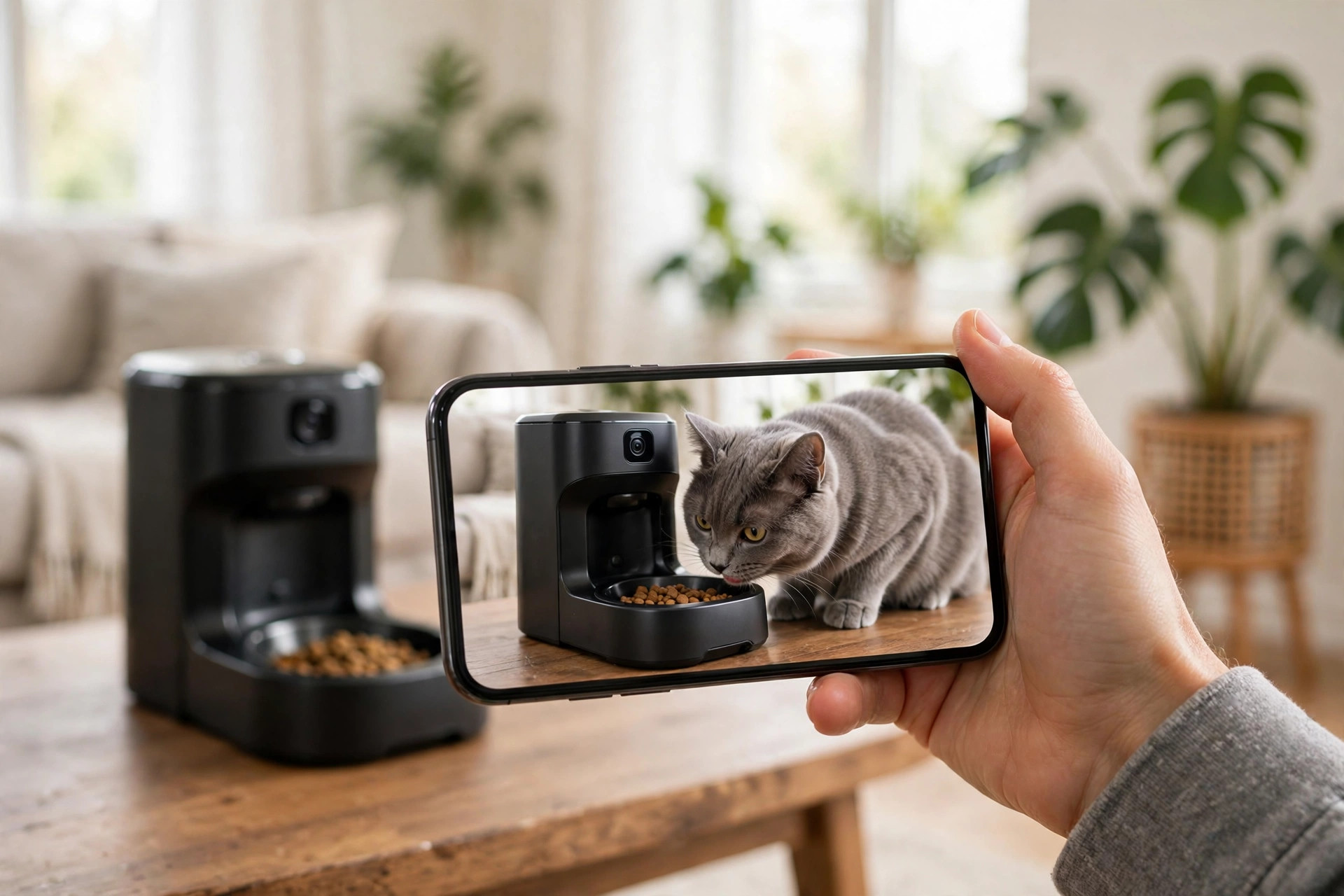 Person checking a phone showing a live video of a cat eating from a camera pet feeder