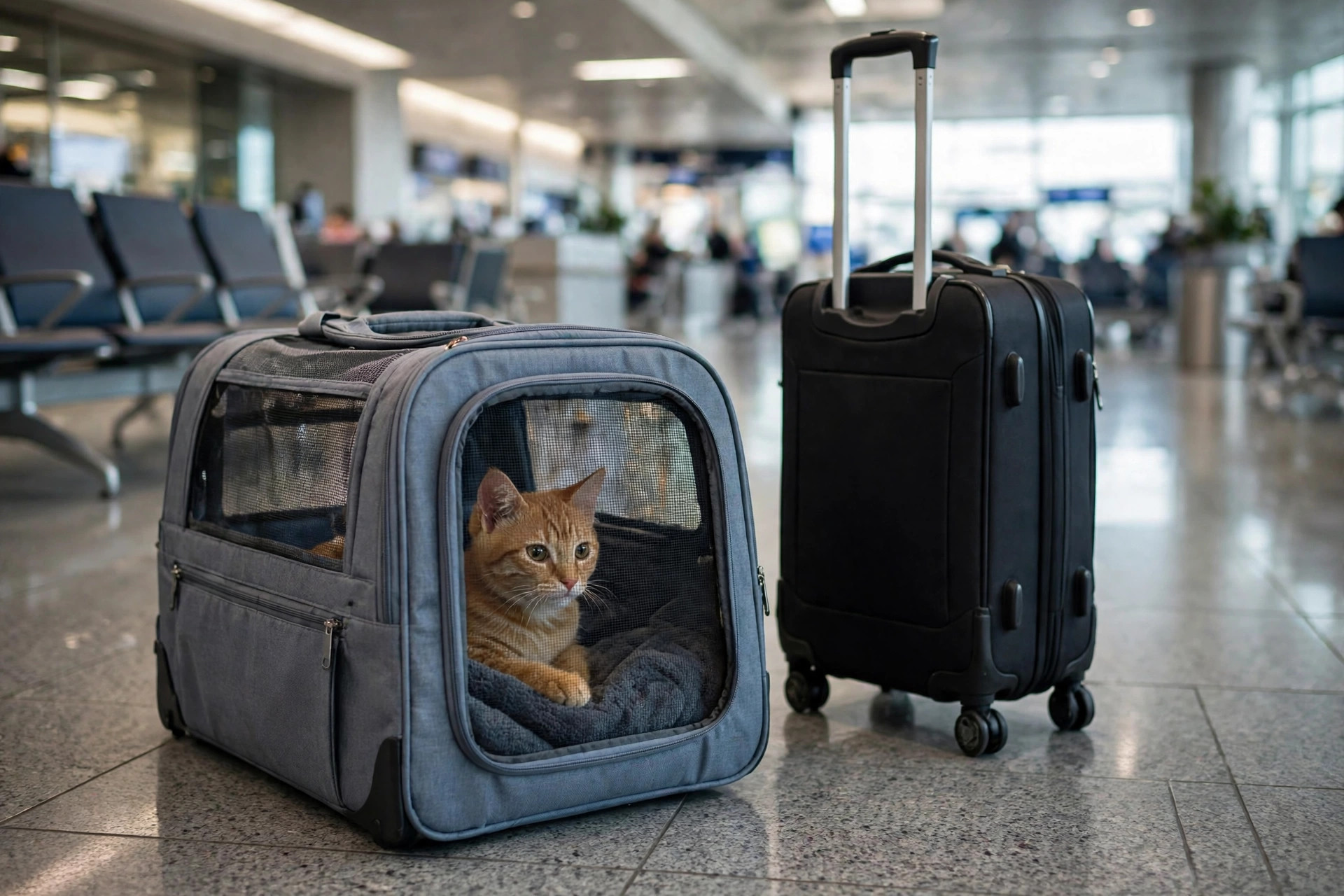 Soft-sided pet carrier with a cat inside at an airport terminal next to a rolling suitcase