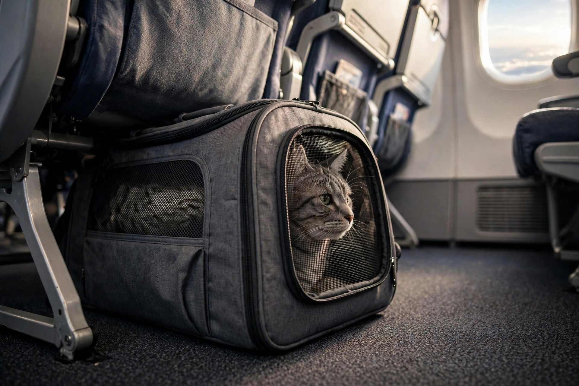 Cat peeking out of a soft-sided mesh carrier tucked under an airplane seat
