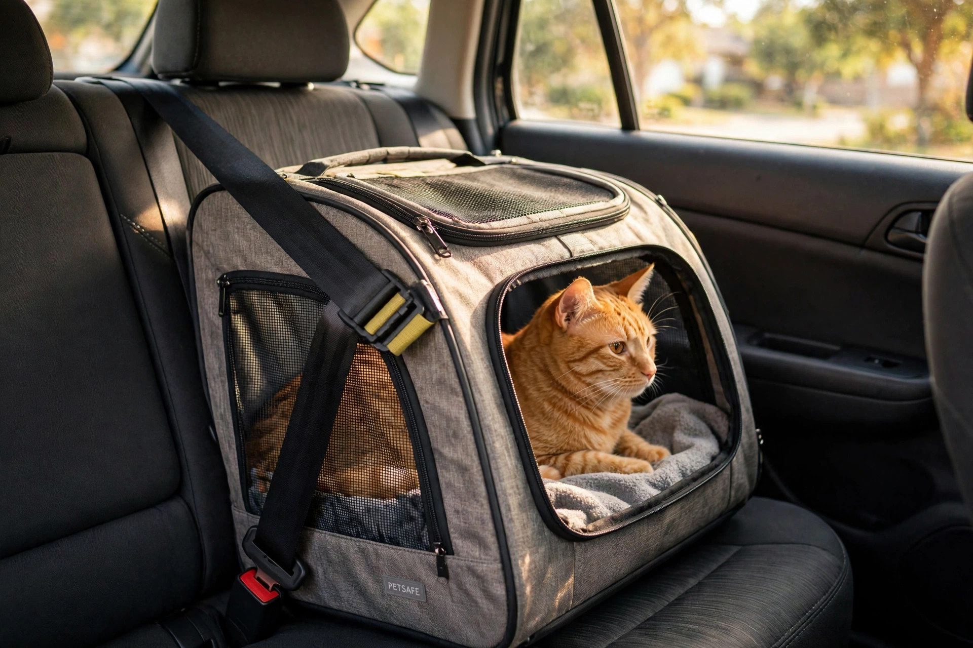 Soft-sided cat carrier secured with a seatbelt on a car back seat with a calm cat inside