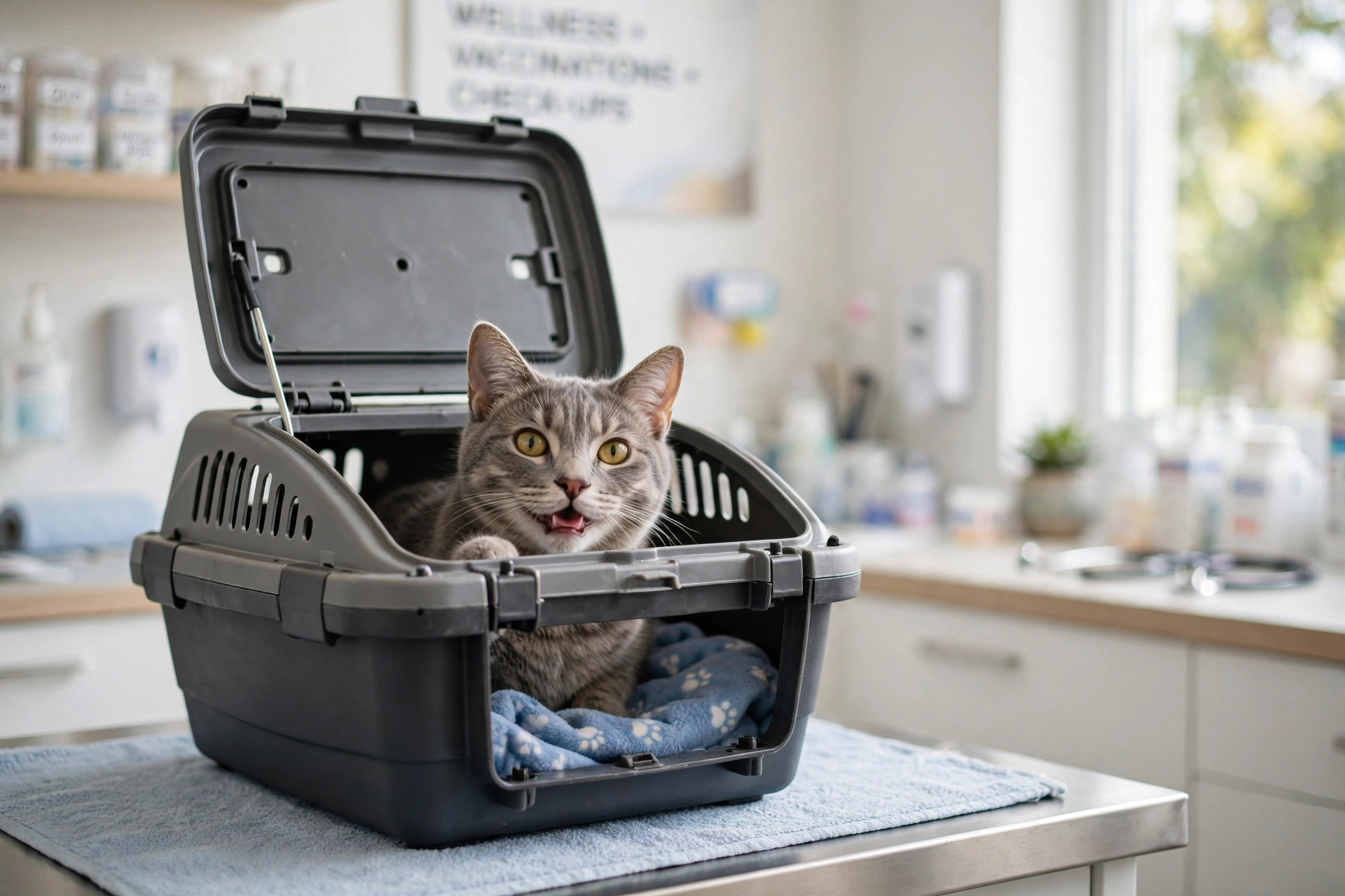 Cat peeking out of an open top-loading carrier on a veterinary exam table