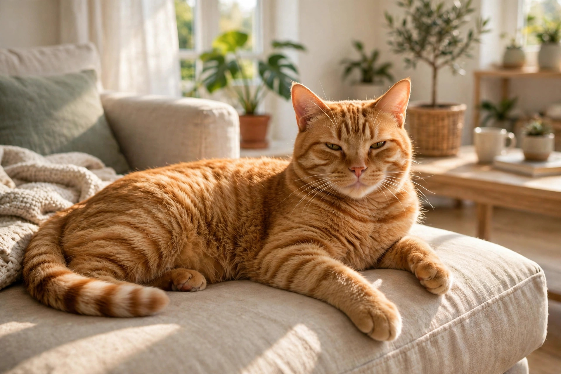 Healthy adult orange tabby cat relaxing on a sunny couch in its prime years
