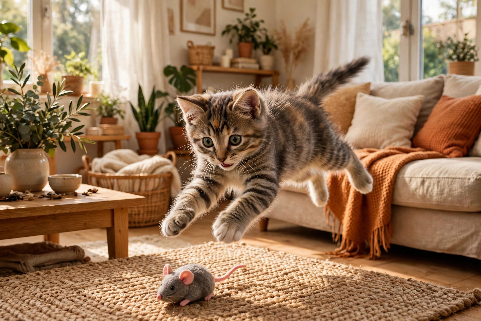 Playful six-month-old kitten pouncing on a toy in a bright living room