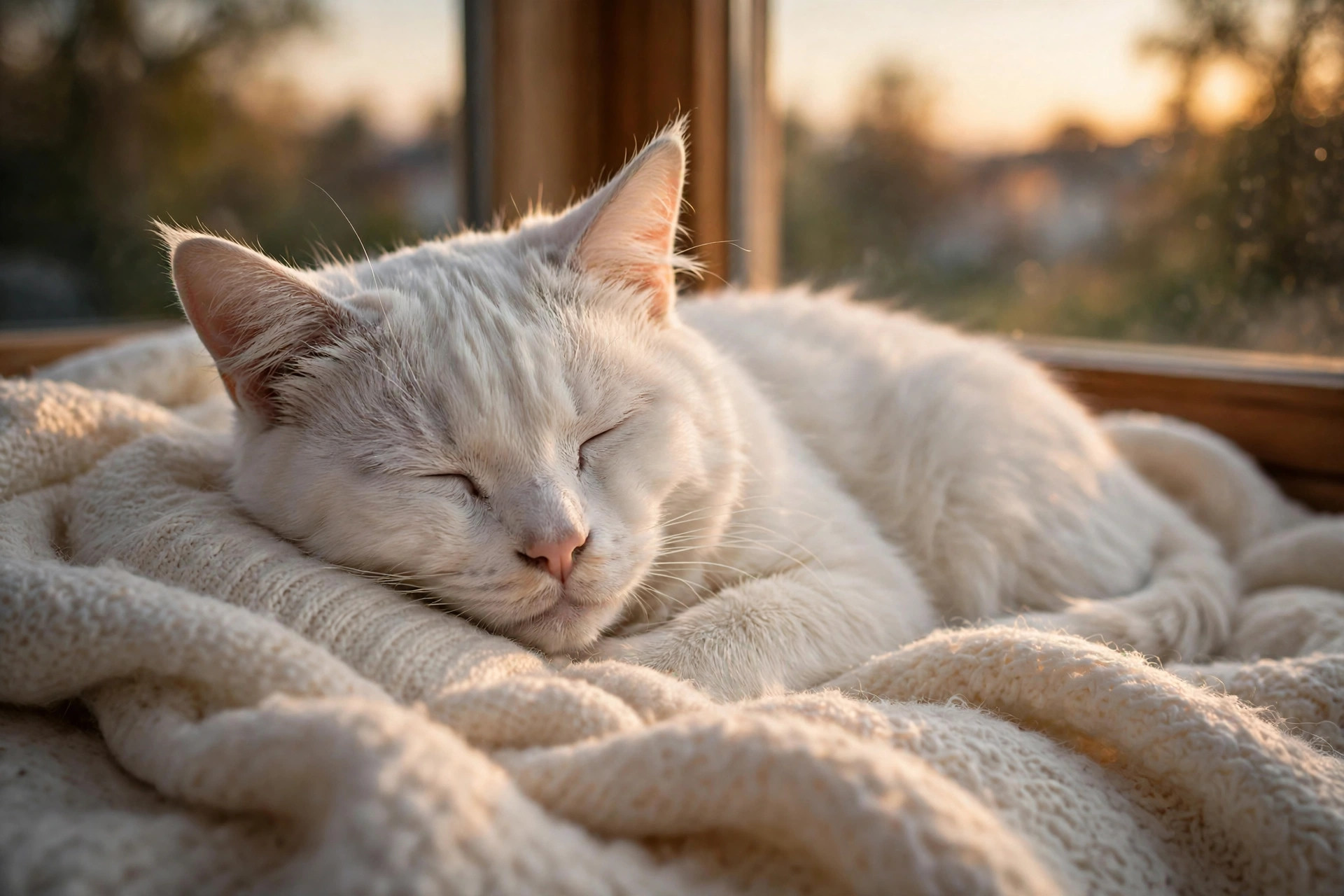 Elderly white cat resting peacefully on a soft blanket in warm evening light