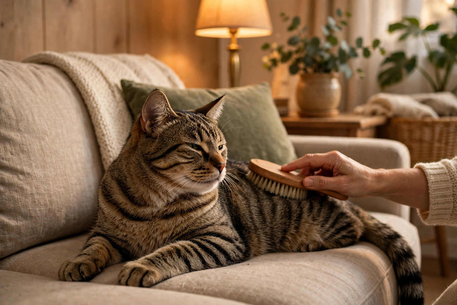 Calm tabby cat being gently brushed on a sofa