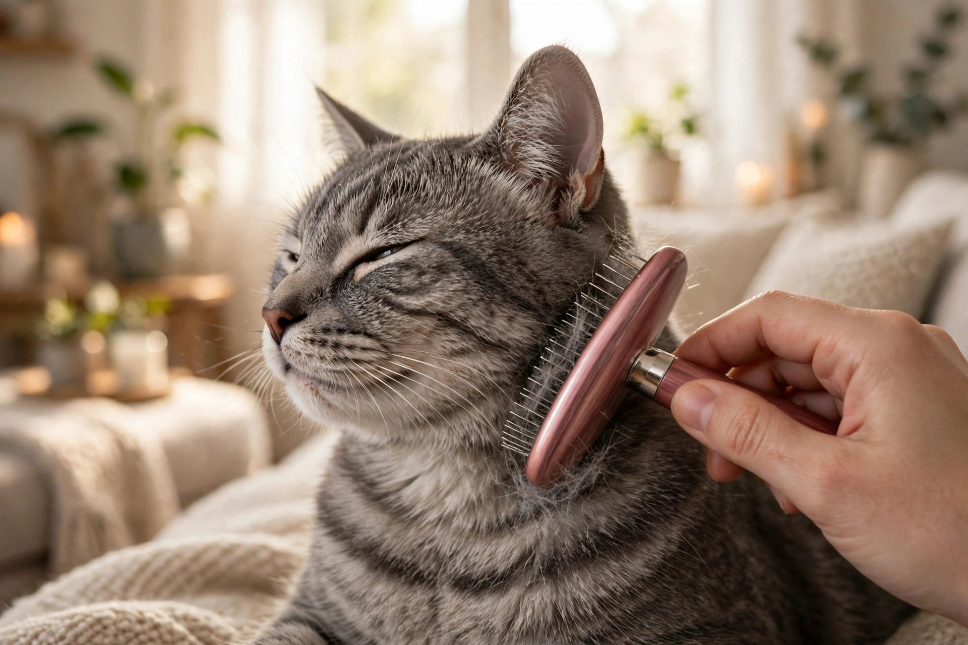 Owner brushing a tabby cat's coat at home between professional grooming visits