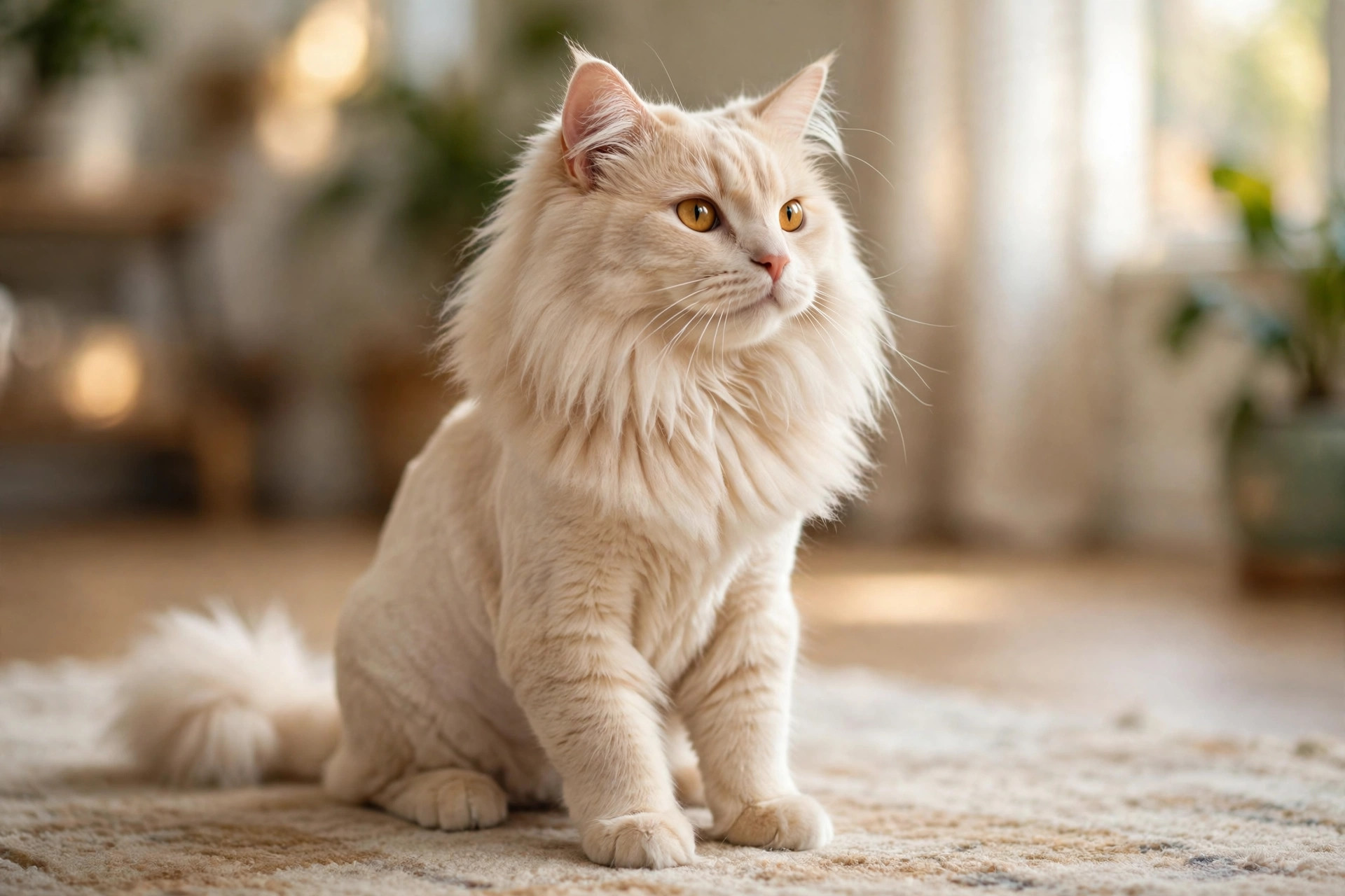 Long-haired cat with a fresh lion cut sitting in a sunny room